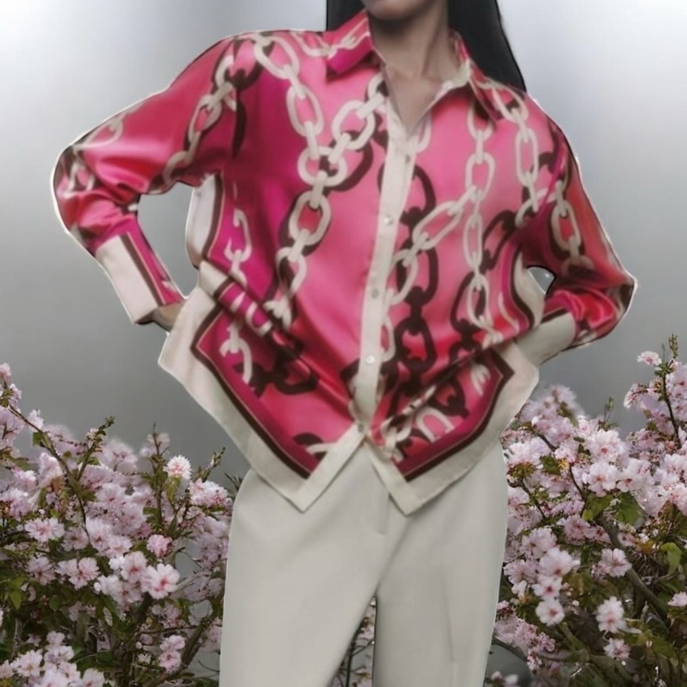 Zara Pink Chain Print button up top jacket size medium